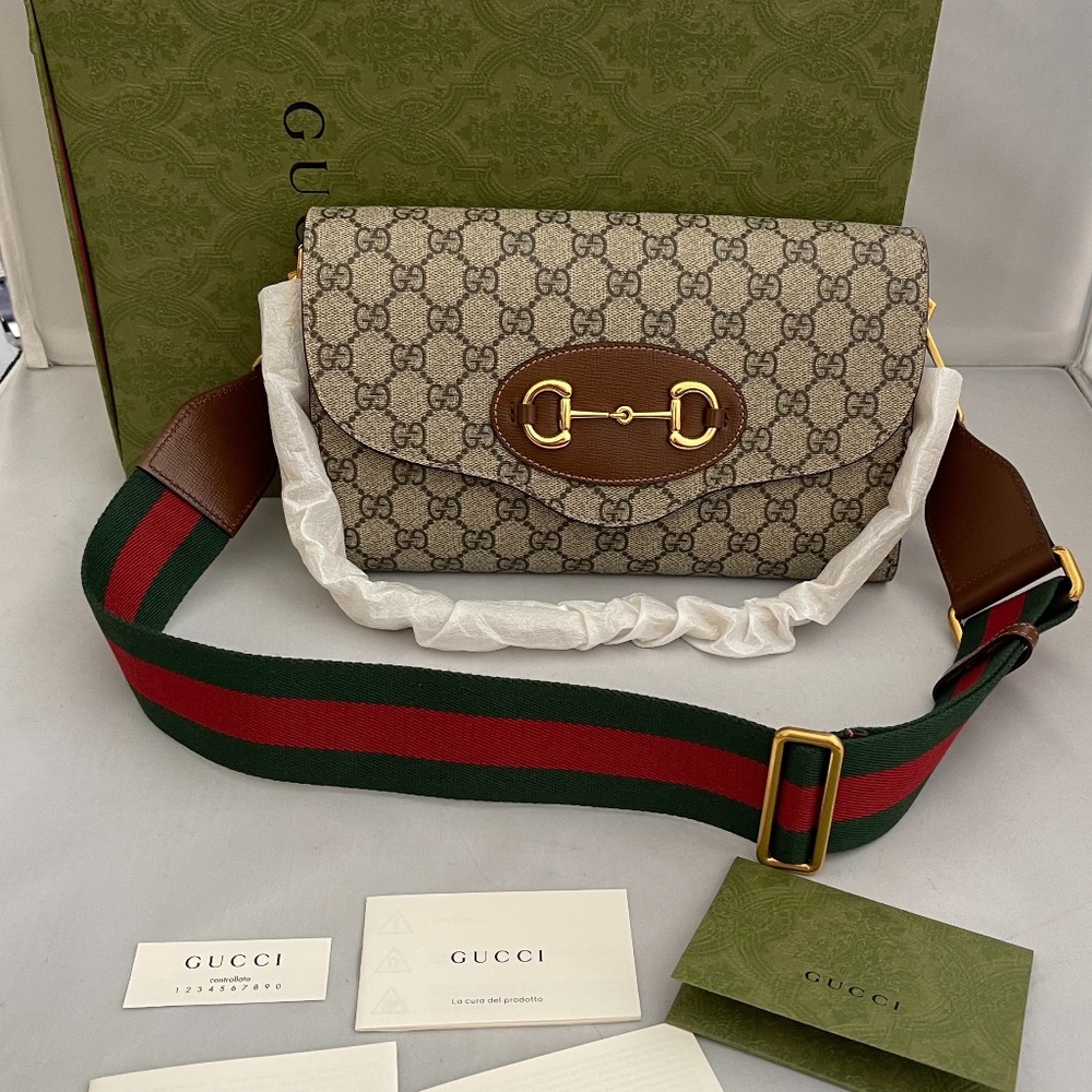 Gucci Beige and Brown Shoulder Bag with Green and Red Strap